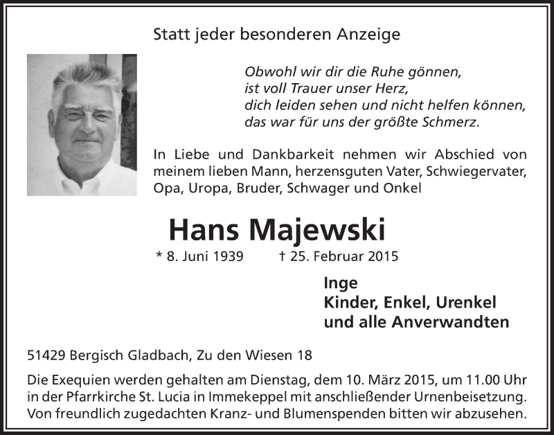  Traueranzeige für Hans Majewski vom 04.03.2015 aus  Bergisches Handelsblatt 
