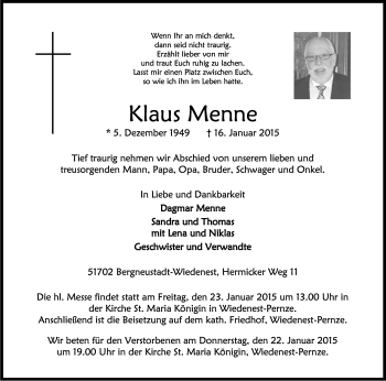 Anzeige von Klaus Menne von Kölner Stadt-Anzeiger / Kölnische Rundschau / Express