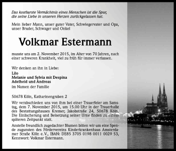 Anzeige von Volkmar Estermann von Kölner Stadt-Anzeiger / Kölnische Rundschau / Express