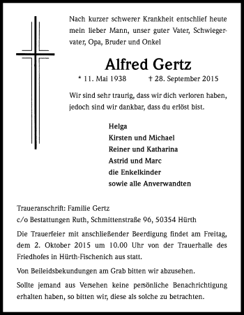 Anzeige von Alfred Gertz von Kölner Stadt-Anzeiger / Kölnische Rundschau / Express