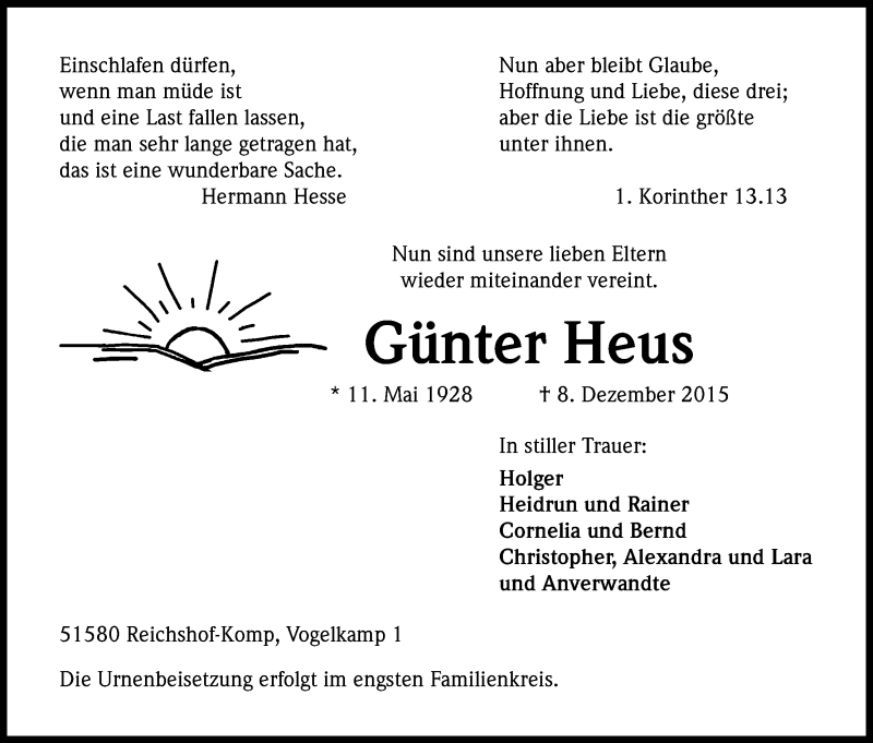  Traueranzeige für Günter Heus vom 10.12.2015 aus Kölner Stadt-Anzeiger / Kölnische Rundschau / Express