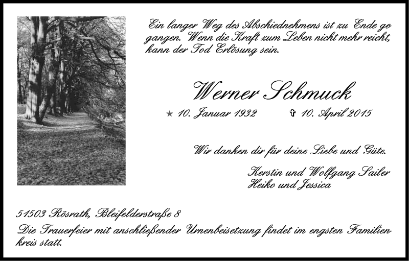  Traueranzeige für Werner Schmuck vom 18.04.2015 aus Kölner Stadt-Anzeiger / Kölnische Rundschau / Express
