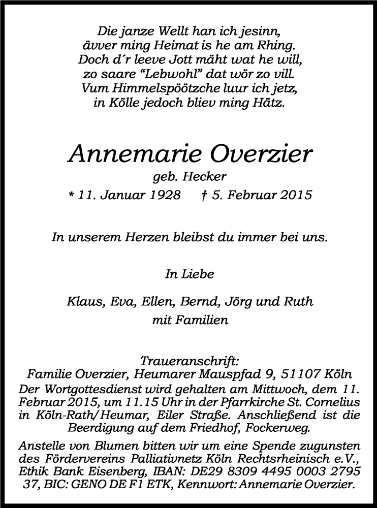  Traueranzeige für Annemarie Overzier vom 09.02.2015 aus Kölner Stadt-Anzeiger / Kölnische Rundschau / Express