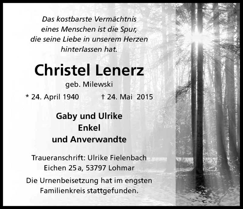  Traueranzeige für Christel Lenerz vom 20.06.2015 aus Kölner Stadt-Anzeiger / Kölnische Rundschau / Express