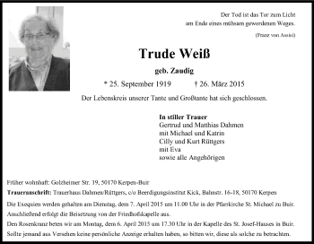 Anzeige von Trude Weiß von Kölner Stadt-Anzeiger / Kölnische Rundschau / Express