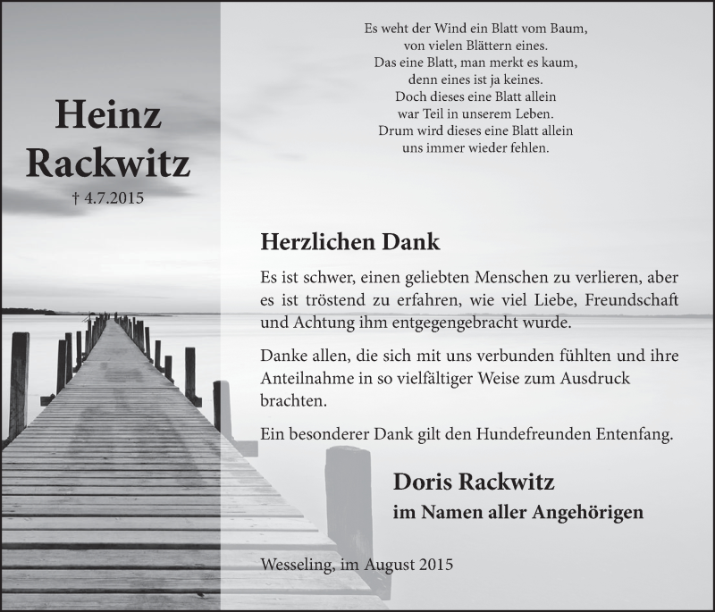  Traueranzeige für Heinz Rackwitz vom 19.08.2015 aus  Schlossbote/Werbekurier 
