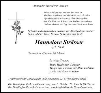 Anzeige von Hannelore Strässer von Kölner Stadt-Anzeiger / Kölnische Rundschau / Express