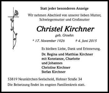 Anzeige von Christel Kirchner von Kölner Stadt-Anzeiger / Kölnische Rundschau / Express