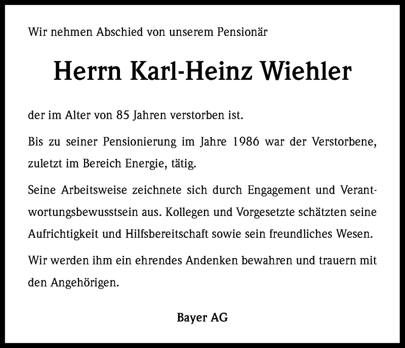  Traueranzeige für Karl-Heinz Wiehler vom 21.01.2015 aus Kölner Stadt-Anzeiger / Kölnische Rundschau / Express