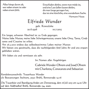 Anzeige von Elfriede Wunder von  Schlossbote/Werbekurier 