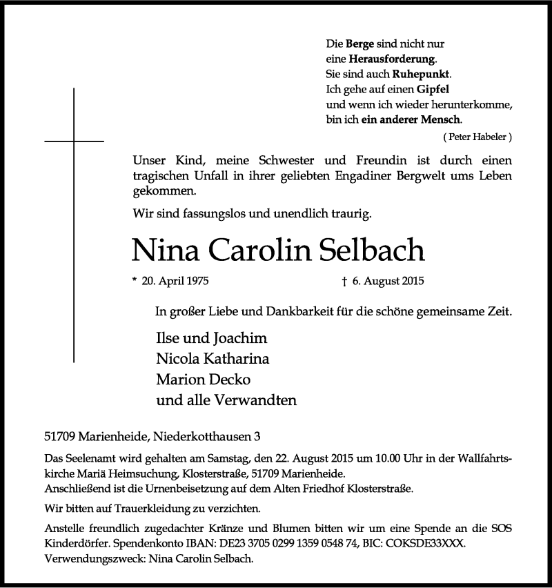  Traueranzeige für Nina Carolin Selbach vom 15.08.2015 aus Kölner Stadt-Anzeiger / Kölnische Rundschau / Express
