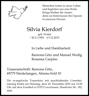 Anzeige von Silvia Kierdorf von Kölner Stadt-Anzeiger / Kölnische Rundschau / Express