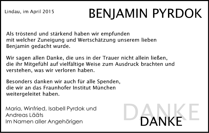  Traueranzeige für Benjamin Pyrdok vom 23.04.2015 aus Kölner Stadt-Anzeiger / Kölnische Rundschau / Express