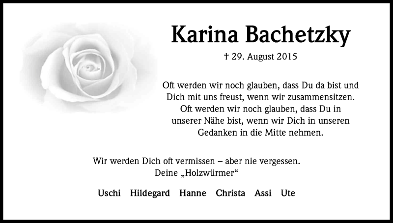  Traueranzeige für KArina Bachetzky vom 07.09.2015 aus Kölner Stadt-Anzeiger / Kölnische Rundschau / Express