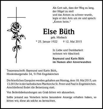 Anzeige von Else Büth von Kölner Stadt-Anzeiger / Kölnische Rundschau / Express