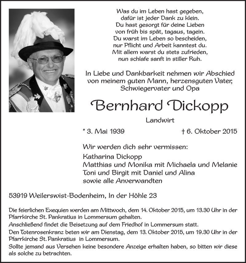  Traueranzeige für Bernhard Dickopp vom 11.10.2015 aus  Blickpunkt Euskirchen 