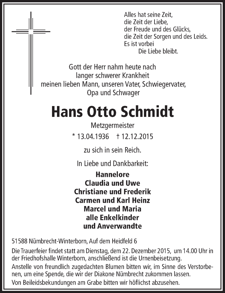  Traueranzeige für Hans Otto Schmidt vom 16.12.2015 aus  Lokalanzeiger 