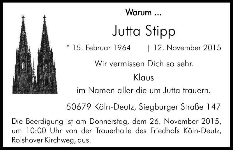  Traueranzeige für Jutta Stipp vom 21.11.2015 aus Kölner Stadt-Anzeiger / Kölnische Rundschau / Express
