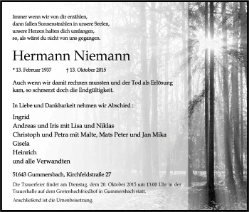 Anzeige von Hermann Niemann von Kölner Stadt-Anzeiger / Kölnische Rundschau / Express