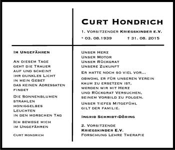 Anzeige von Curt Hondrich von Kölner Stadt-Anzeiger / Kölnische Rundschau / Express