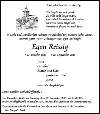 Anzeige von Egon Reissig von Kölner Stadt-Anzeiger / Kölnische Rundschau / Express