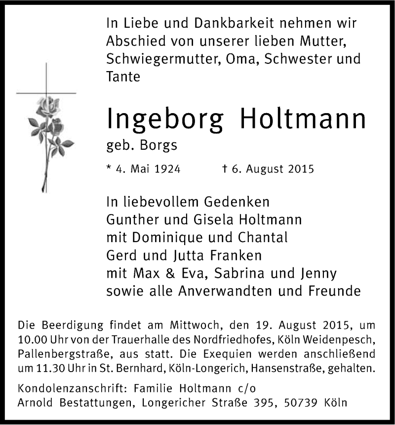  Traueranzeige für Ingeborg Holtmann vom 15.08.2015 aus Kölner Stadt-Anzeiger / Kölnische Rundschau / Express