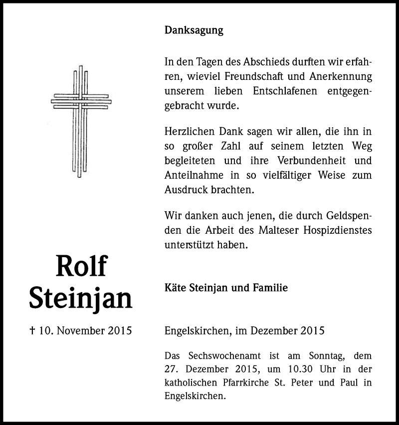  Traueranzeige für Rolf Steinjan vom 12.12.2015 aus Kölner Stadt-Anzeiger / Kölnische Rundschau / Express