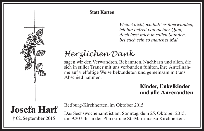  Traueranzeige für Josefa Harf vom 10.10.2015 aus  Sonntags-Post 