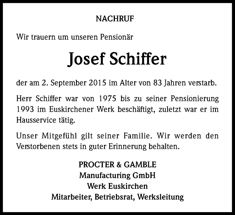  Traueranzeige für Josef Schiffer vom 12.09.2015 aus Kölner Stadt-Anzeiger / Kölnische Rundschau / Express