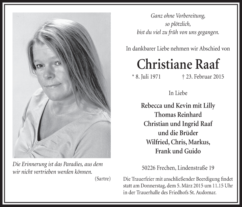  Traueranzeige für Christiane Raaf vom 28.02.2015 aus  Sonntags-Post 