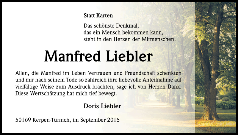  Traueranzeige für Manfred Liebler vom 05.09.2015 aus Kölner Stadt-Anzeiger / Kölnische Rundschau / Express