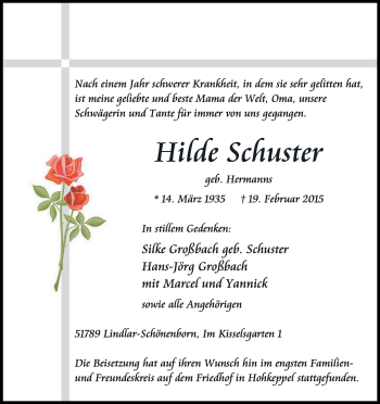 Anzeige von Hilde Schuster von Kölner Stadt-Anzeiger / Kölnische Rundschau / Express