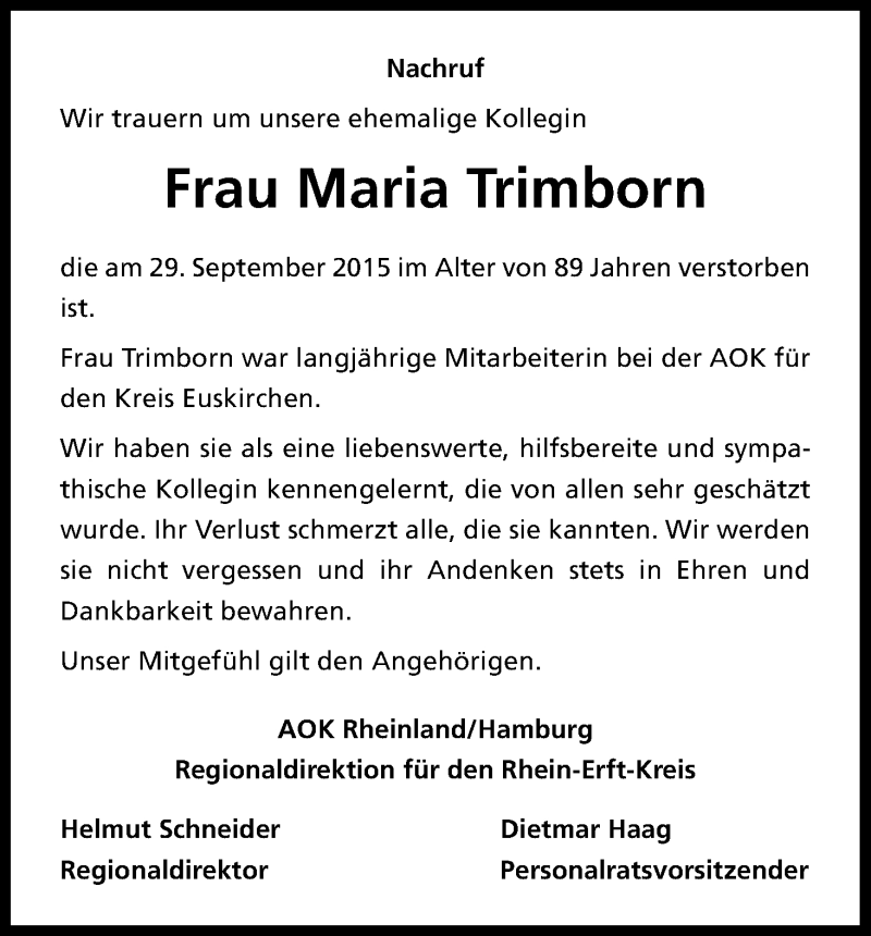  Traueranzeige für Maria Trimborn vom 15.10.2015 aus Kölner Stadt-Anzeiger / Kölnische Rundschau / Express