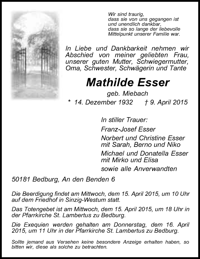  Traueranzeige für Mathilde Esser vom 11.04.2015 aus Kölner Stadt-Anzeiger / Kölnische Rundschau / Express