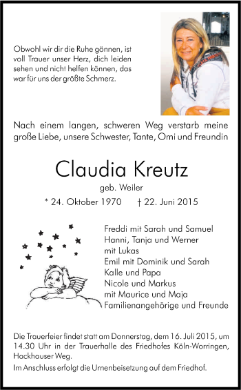 Anzeige von Claudia Kreutz von Kölner Stadt-Anzeiger / Kölnische Rundschau / Express