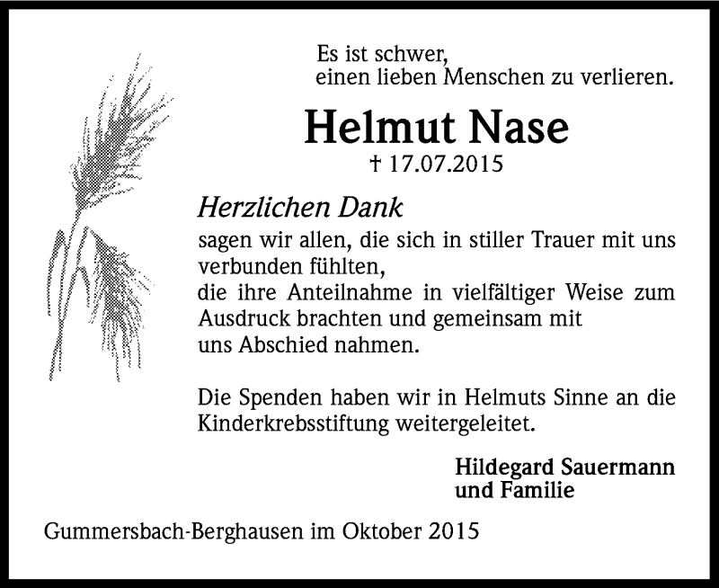  Traueranzeige für Helmut Nase vom 14.10.2015 aus Kölner Stadt-Anzeiger / Kölnische Rundschau / Express