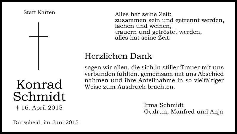  Traueranzeige für Konrad Schmidt vom 20.06.2015 aus Kölner Stadt-Anzeiger / Kölnische Rundschau / Express