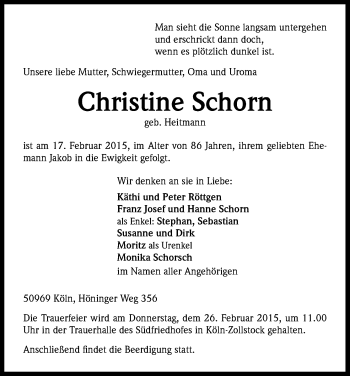 Anzeige von Christine Schorn von Kölner Stadt-Anzeiger / Kölnische Rundschau / Express