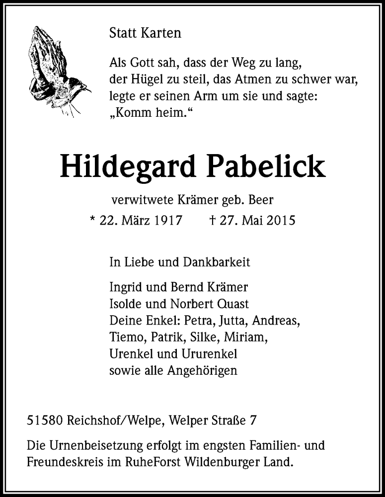  Traueranzeige für Hildegard Pabelick vom 30.05.2015 aus Kölner Stadt-Anzeiger / Kölnische Rundschau / Express