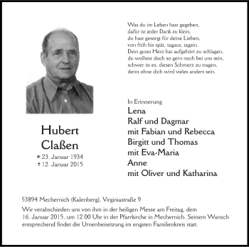 Anzeige von Hubert Claßen von Kölner Stadt-Anzeiger / Kölnische Rundschau / Express