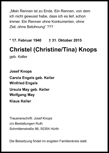 Anzeige von Christel Knops von Kölner Stadt-Anzeiger / Kölnische Rundschau / Express