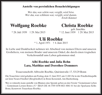Anzeige von Wolfgang, Christa und Uli Roebke von  Schlossbote/Werbekurier 