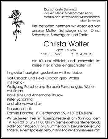Anzeige von Christa Wolter von Kölner Stadt-Anzeiger / Kölnische Rundschau / Express