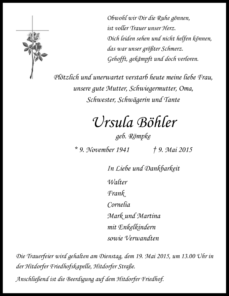  Traueranzeige für Ursula Böhler vom 16.05.2015 aus Kölner Stadt-Anzeiger / Kölnische Rundschau / Express