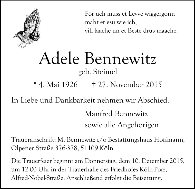  Traueranzeige für Adele Bennewitz vom 05.12.2015 aus Kölner Stadt-Anzeiger / Kölnische Rundschau / Express