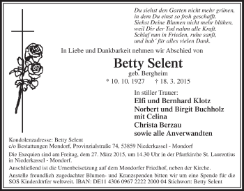 Anzeige von Betty Selent von  Extra Blatt 