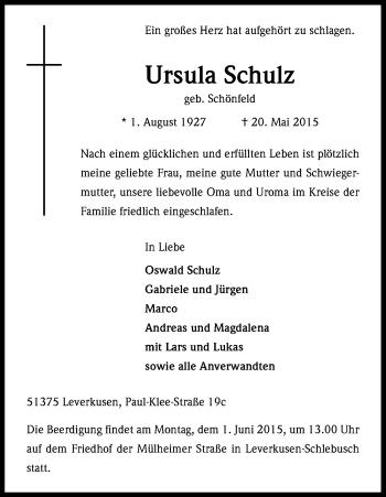 Anzeige von Ursula Schulz von Kölner Stadt-Anzeiger / Kölnische Rundschau / Express