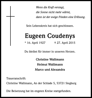 Anzeige von Eugeen Coudenys von Kölner Stadt-Anzeiger / Kölnische Rundschau / Express