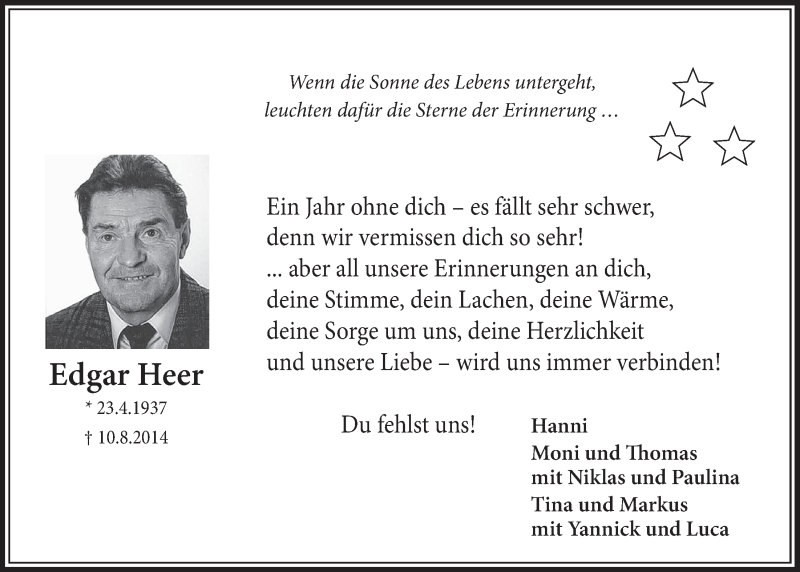  Traueranzeige für Edgar Heer vom 05.08.2015 aus  Schlossbote/Werbekurier 