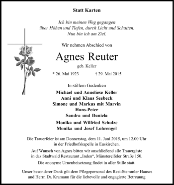 Anzeige von Agnes Reuter von Kölner Stadt-Anzeiger / Kölnische Rundschau / Express